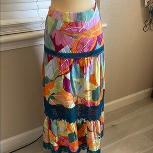 Time and Tru Blue and Orange Tiered Maxi Skirt Resort Wear